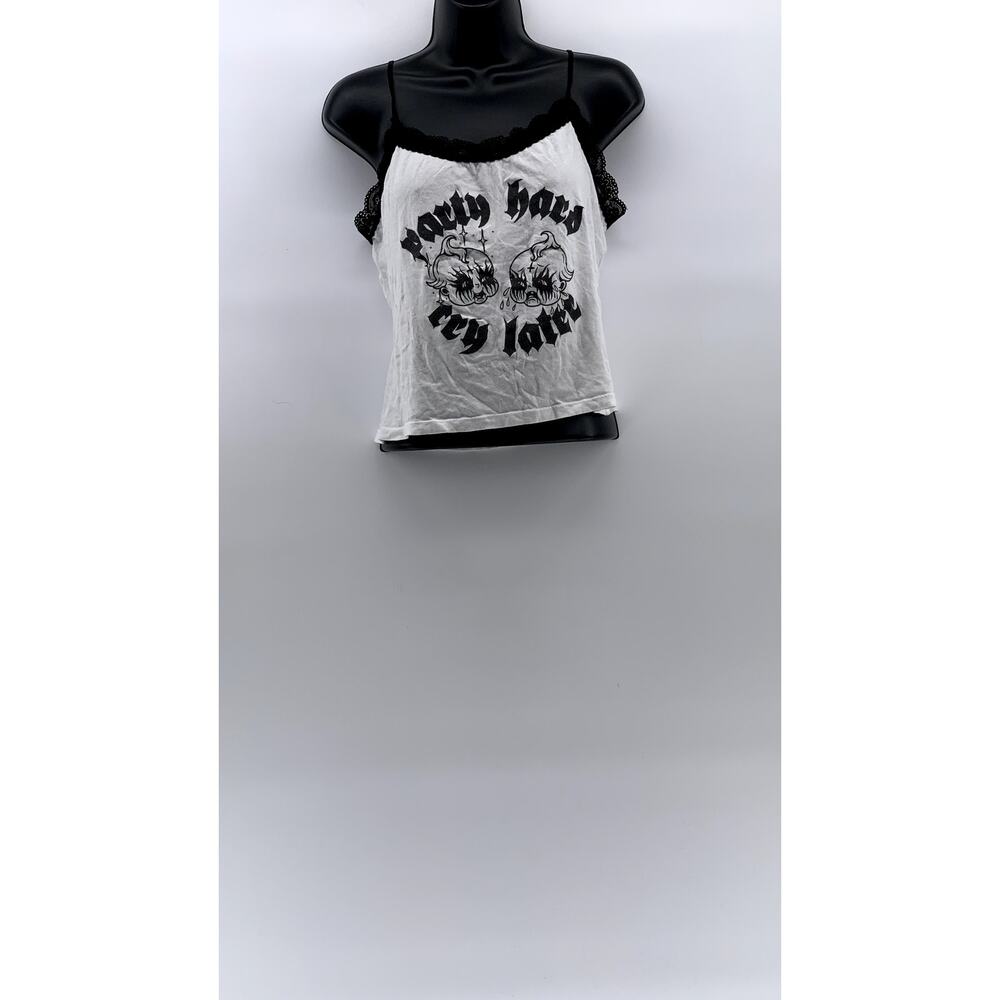 EYECANDY Women's White-Black Lace-Trim Party Hard Cry Later Cropped Tank SZ L